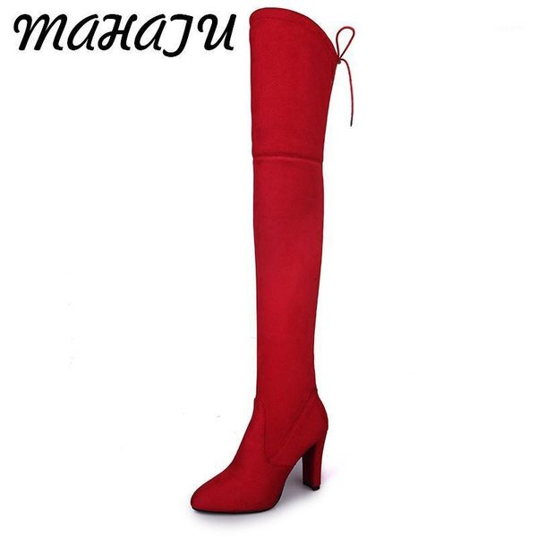 

2021 new boots over the knee women stretch fashion black gray red boots fluffy high heel winter women shoes plus size1
