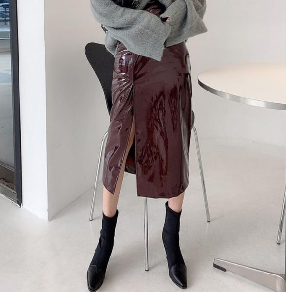 

high waist fashion hip pu leather of the vintage female spring division mid-length pencil skirt q01 lbg2, Black