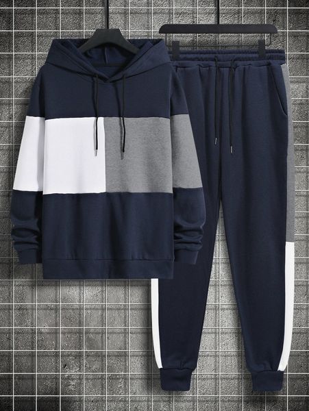 

men color block drawstring hoodie & sweatpants c25q#, Gray