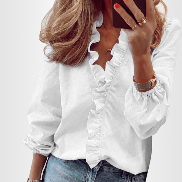 

women's blouses & shirts blouse office lady 2021 spring summer print long sleeve ruffle women v-neck short pullover, White