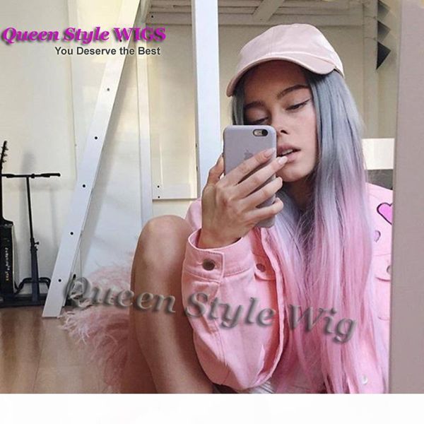 

synthetic two tone grey ombre pastel pink color none lace lace front wig trendy straight heat resistant hair wigs for fairy lady, Black