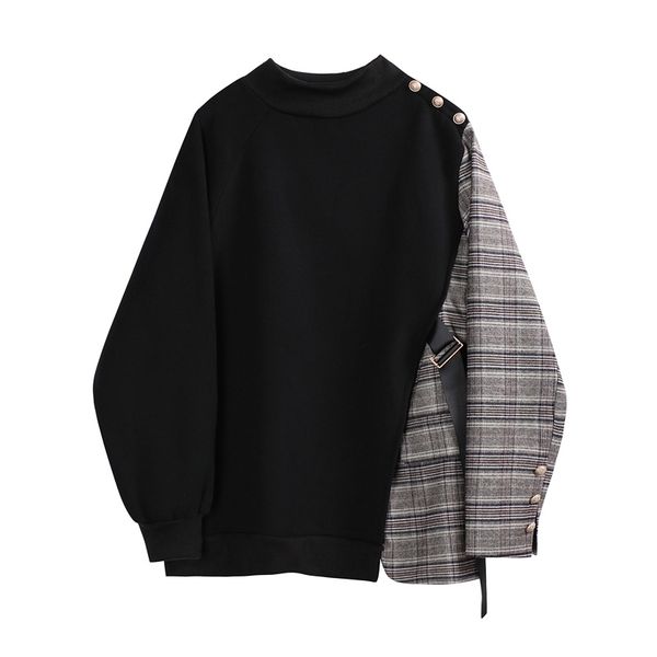 

[eam] loose fit black plaid stitch sweatshirt new round neck long sleeve women big size fashion tide spring autumn 1z084 201202