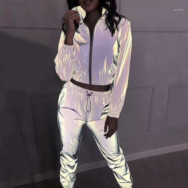 

women windbreak sets reflective two piece set casual hip hop jackets night light clothes long pant zipper jacket coat sets#g301, Gray