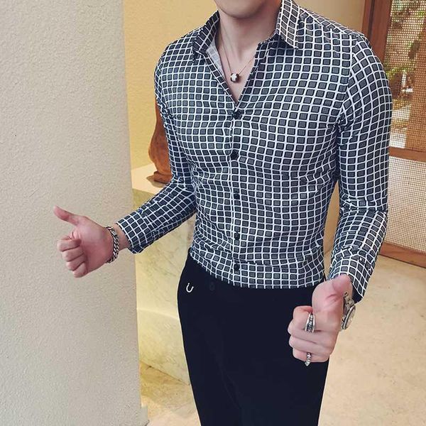 

camisas hombre fashion 2020 plaid shirt men long sleeve gentlemen slim fit men casual shirts dress all match blouse homme 3xl-m1, White;black