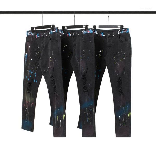 

black multicolor paint splatter jeans slim distressed stretch jean men streetwear1, Blue