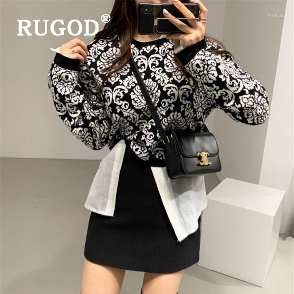 

rugod vintage monochrome print pullover women fashion o neck long sleeve short sweater autumn winter sweater jumper pull femme1, White;black