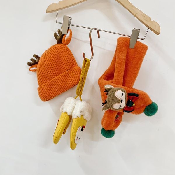 

christmas three-piece set 6 months to 6 years old baby double thick antler hat fawn scarf granular velvet gloves ing, Yellow