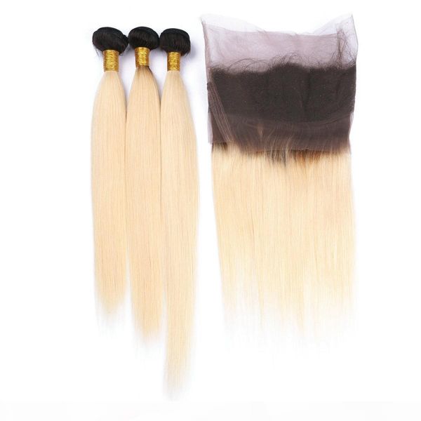 

two tone 1b 613 blonde ombre малазийский straight человеческих волос с 360 полный шнурок лобной pre щипковых 360 lace диапазона закрытие с 3, Black