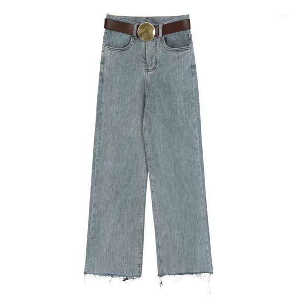 

spring jeans woman casual solid color belt decoration loose wide leg high waist jeans1, Blue
