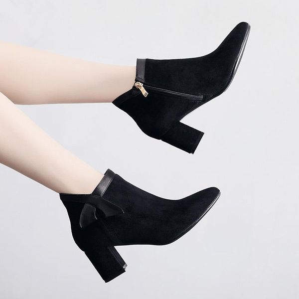 

boots booties female 2021 autumn and winter pointed korean version of the thick with bare 40-43, Black