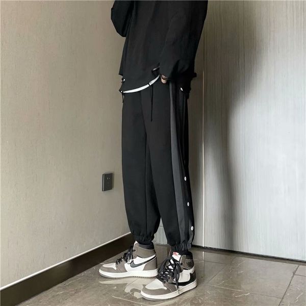 

spring and autumn high street style loose leggings men's brand side buckle design casual harlan sports pants fashion, Black
