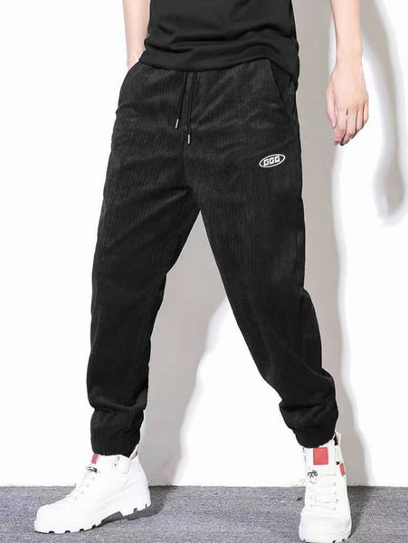 

men letter patched detail drawstring waist corduroy pants f1se#, Black