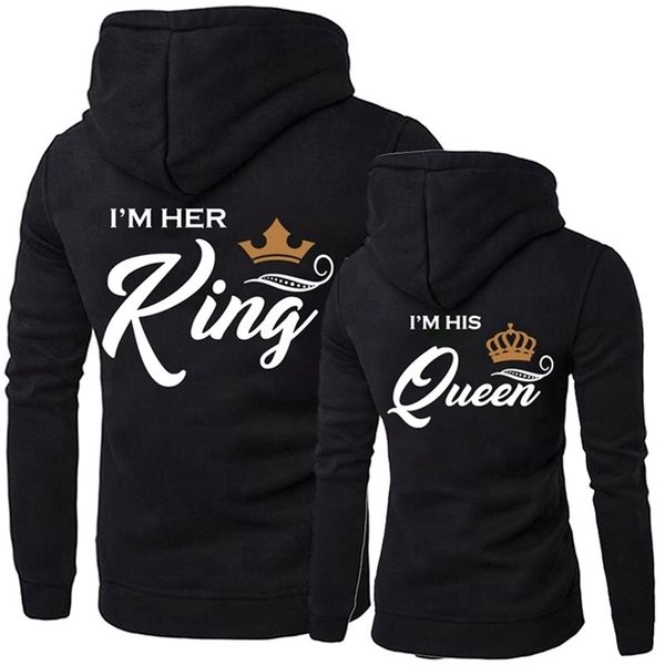 

men hoodies king queen printed sweatshirt lovers couples hoodie hooded women sweatshirt casual pullovers tracksuits 201211, Black