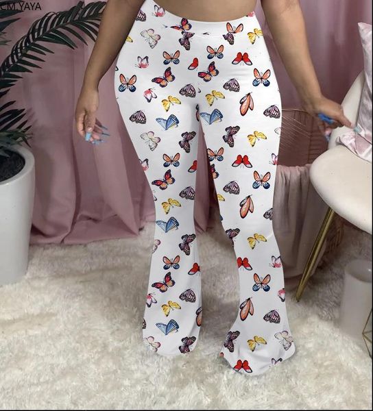 

cm.yaya women butterfly print high waist flare long pants activewear vintage bellbottom trousers drop shipping good quality, Black;white