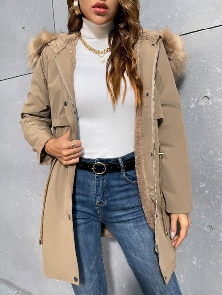 

drawstring waist fuzzy trim hooded teddy lined coat v3j3#, Black