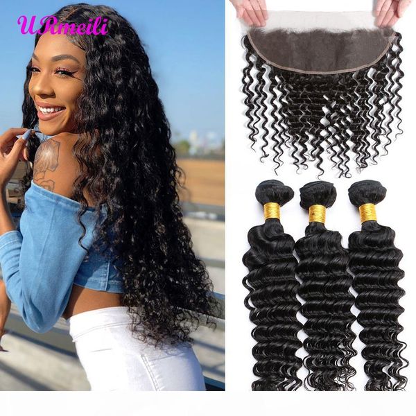 

deep wave virgin hair bundles with frontal 13x4 lace frontal with dhgate brazilian hair weave bundles remy human hair bundles with frontal, Black;brown