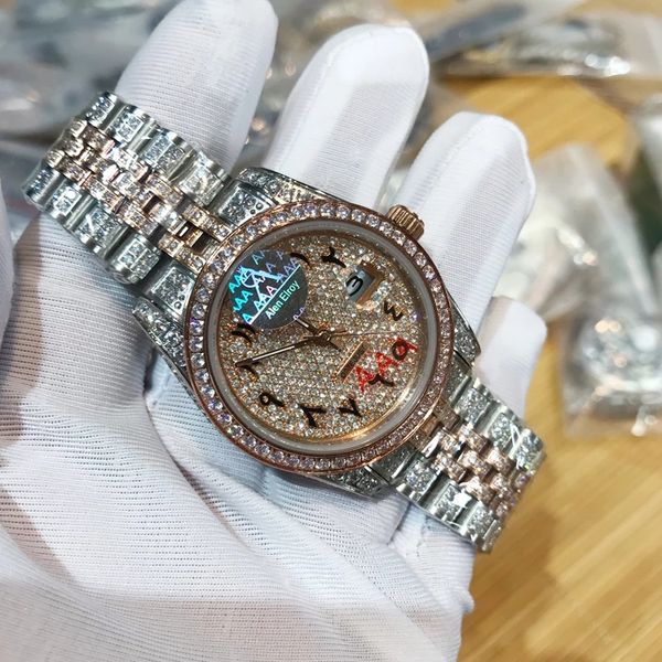 

36mm silver&rose gold iced out luxury watch arabic numbers da te+ju st + box men automatic self-wind sweeping diamonds, Slivery;brown