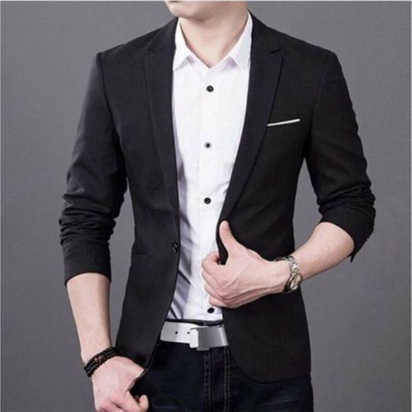 

3xl plus size korean style men blazer slim fit cotton suit jacket black blue male blazers mens coat work wedding wear jacket top, Black;brown