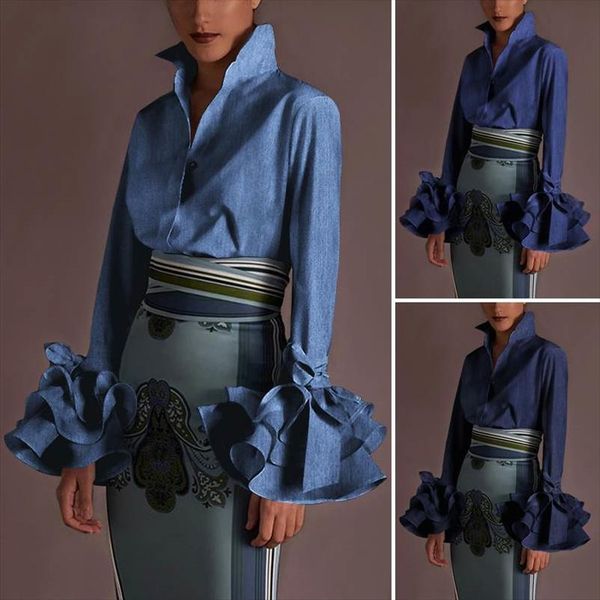 

s 5xl womens blouses vintage demin shirts vonda 2021 fashion pagoda sleeve lapel casual loose solid blusas femininas, White