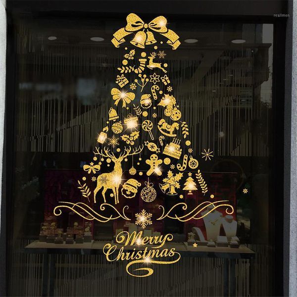 

shining gold christmas tree window sticker santa ride xmas garland wall decals new year showcase stickers snowman home decor1