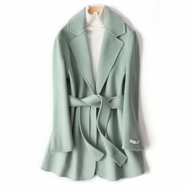 

green suit double-sided cashmere coat women's 2020 autumn and winter new small short waist belt suit woolen jacket1, Black