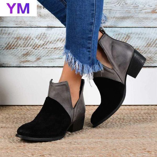 

rome women' s boots 2020 ladies leisure fashion round toe joint thick square solid shoes woman heel boots size 43 women shoes1, Black