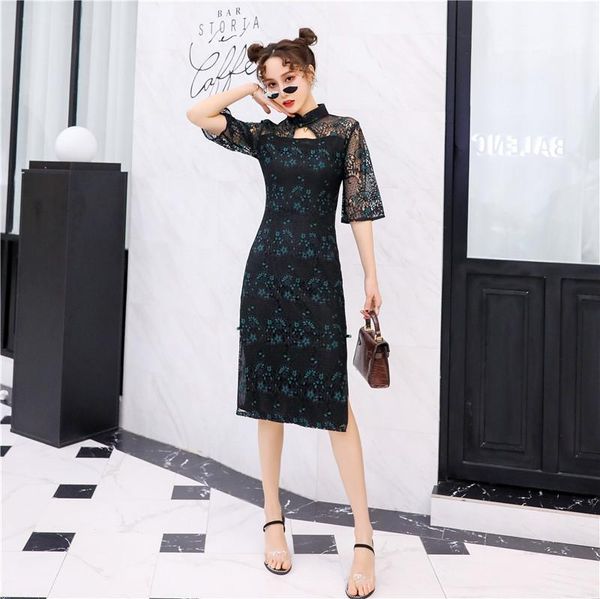 

novelty lady lace qipao 2020 summer new perspective red half sleeve cheongsam elegant high split wedding party dress vestidos1