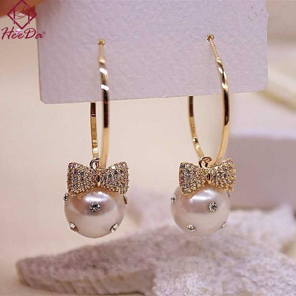 

hoop & huggie korean sweet graceful bow-knot pearl earrings for women 925 silver needle prevent allergy ear accessories woman's jewelry, Golden;silver