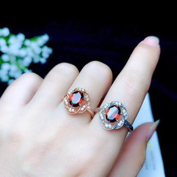 

new fine rose golden flower rings with oval red natural stone zircon fashion romantic jewelry for women wedding engagement party, Slivery;golden