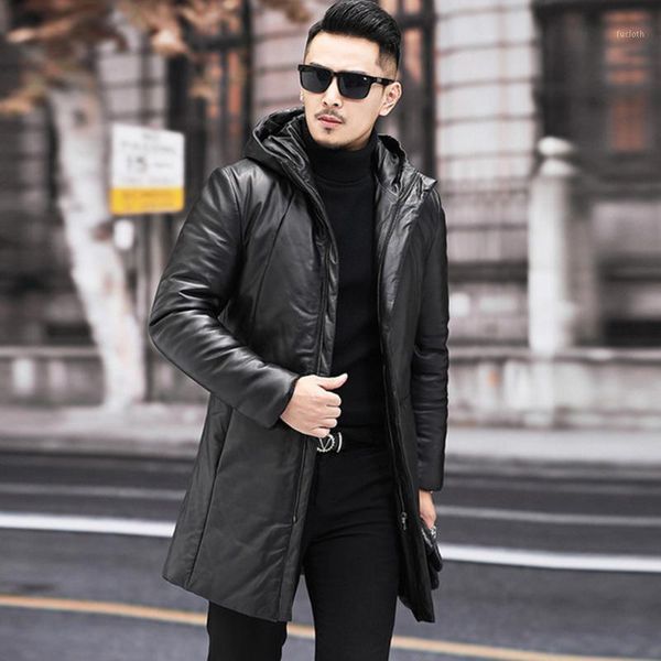 

new genuine leather jacket men's hooded down coat youth mid-length slim winter thick leather jacket1, Black