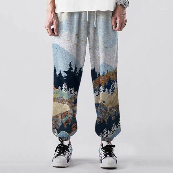 

men's loose pants fitness sportwear mountain treeprint harajuku pants man pocket running athletic harem se61, Black