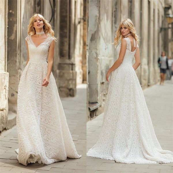 Splendidi abiti da sposa con collana A Line Custom Made Applique in pizzo Abiti da sposa bohemien Sexy scollo a V senza maniche Robe De Mari￩e