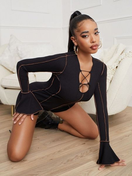 

sxy flounce sleeve lace up seam romper 85ed#, White