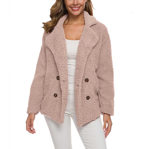 

lapel double row button loose fleece autumn winter women's warm clothing female plush coat jacket, Black;brown