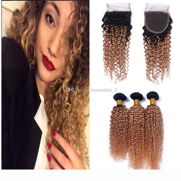 

1b 27 honey blonde ombre 4x4 lace closure with 3 bundles kinky curly two tone ombre brazilian virgin human hair wefts with closure, Black;brown