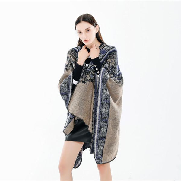 

2020 new autumn and winter national style collar imitation cashmere warm windproof cape, Blue;gray