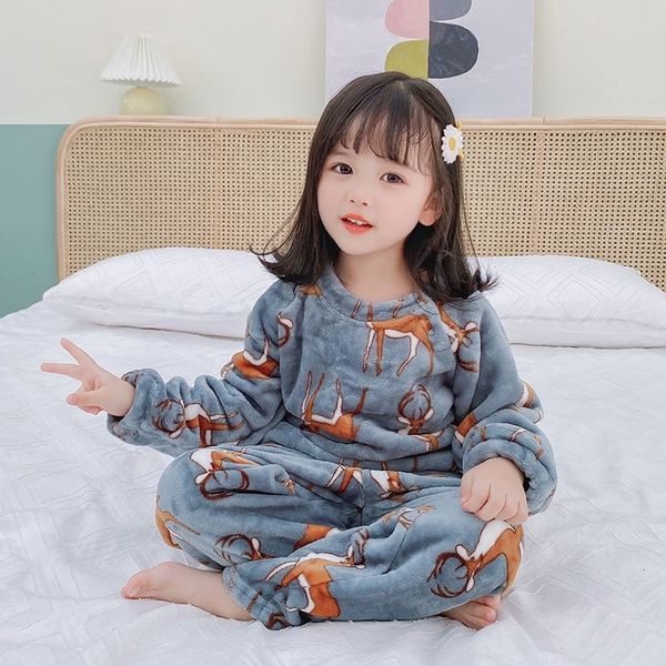 

children's pajamas coral velvet suit girls' baby flannel two piece sets boys' autumn and winter home wear, White