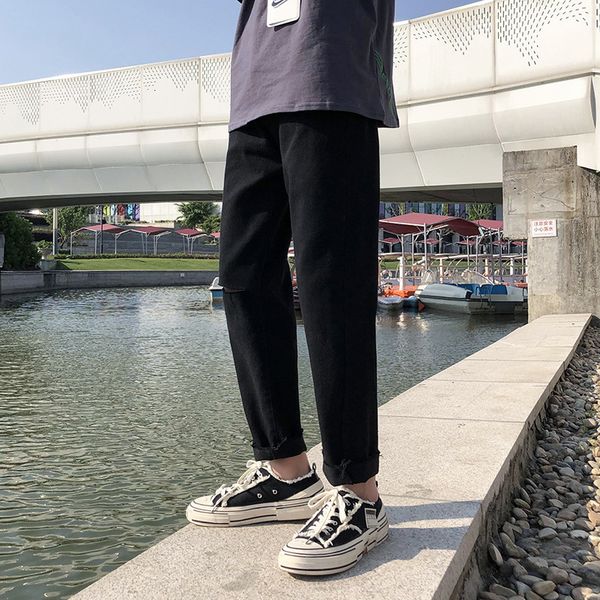 

trend 2020 slim hole capris men's versatile straight leg jeans summer thin fashion pants, Blue