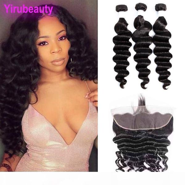 

malaysian virgin hair loose deep 3 bundles with 13x4 lace frontal with baby hair extensions 4 pieces loose deep bundles with frontal, Black;brown