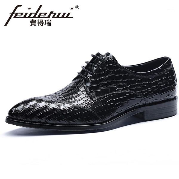 

dress shoes genuine leather men's pointed toe formal derby flats italian alligator pattern welted brogue hms1471, Black