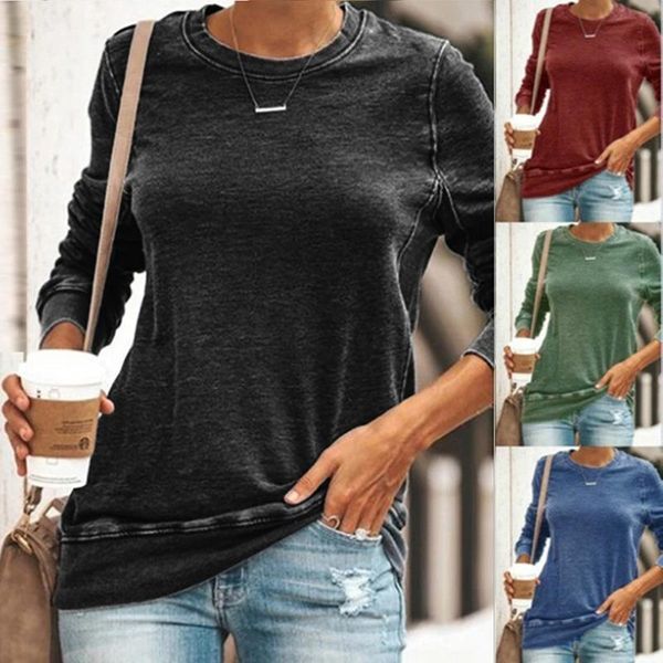 

women casual t-shirt long sleeve block stitching round collar pullover loose women t-shirt drop shipping good quality, White