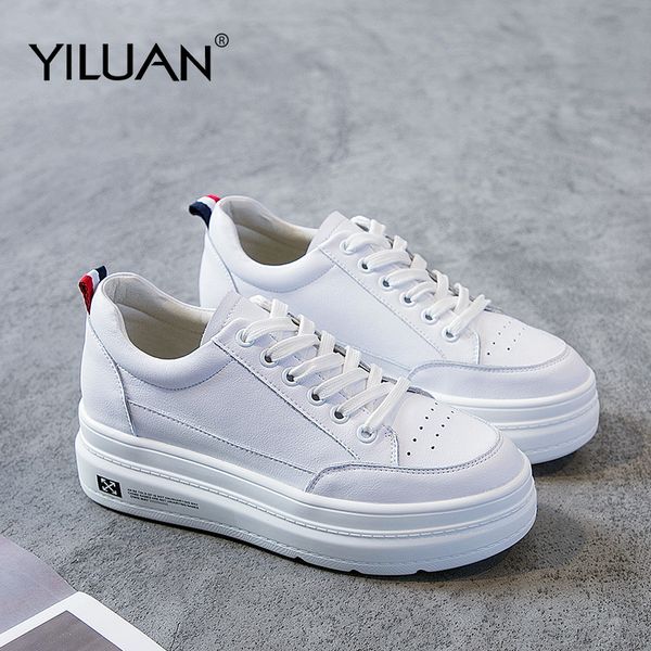 

genuine leather platform breathable sneakers women shoes black increase 7cm basic autumn white casual shoes woman student 201201