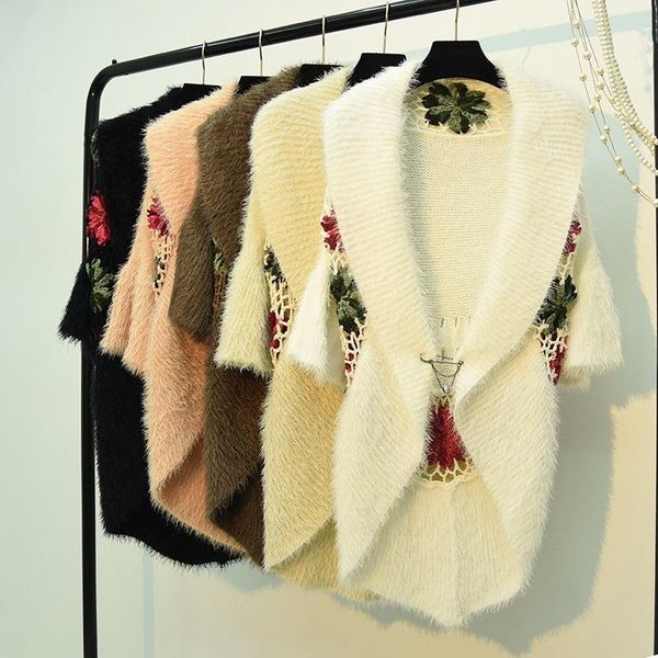 

winter women mohair knitted cargidans lady 3/4 sleeve embroidery flower sweaters women crochet flower cargidans sweaters1, White