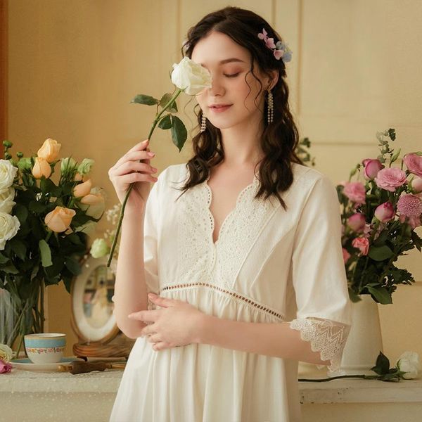 

women's sleepwear spring autumn woman princess short sleeved lace sleeping dress white vintage nightgown cotton comfortable for female, Black;red