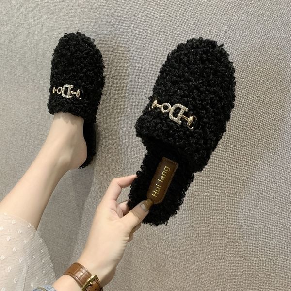 

slippers women womens fur slippers winter shoes indoor slipper plush pantufa women indoor warm fluffy fur slides metal dessign y201026, Black