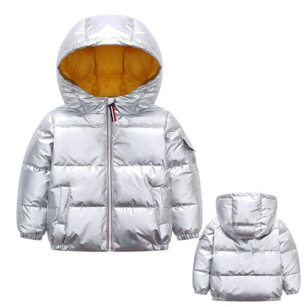 Пуховое пальто 2021 Детская теплая куртка для маленьких девочек и мальчиков Блестящая серебристая верхняя одежда Зимняя детская одежда От 3 до 16 лет