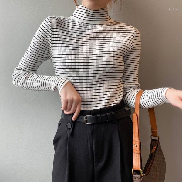

women's t-shirt turtleneck pullover horizontal stripe full sleeve stretch basic style long sleeve bottom knit jumper for wom1, White