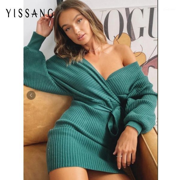 

yissang stripe sashes belted knit autumn dress off shoulder long lantern sleeve dress backless bodycon party mini1, Black;gray