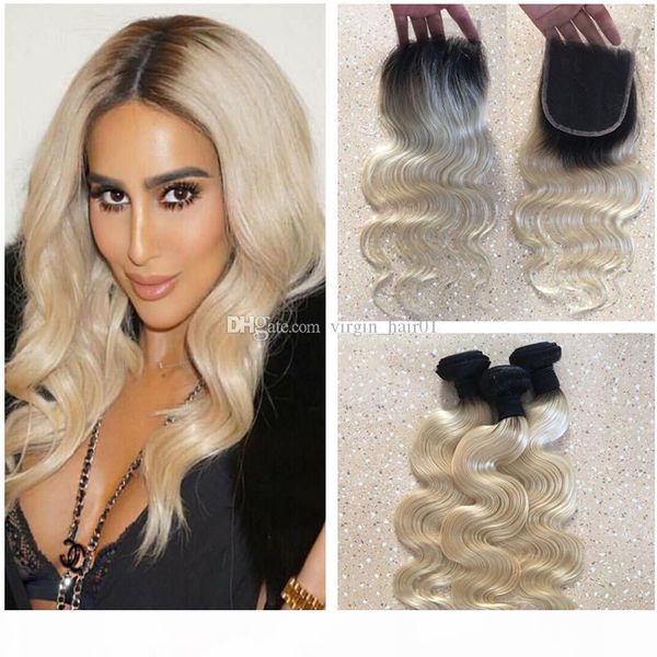 

dark root blonde human hair two tone 1b 613 blonde body wave human hair ombre weave with lace closure light blonde hair bundles, Black;brown