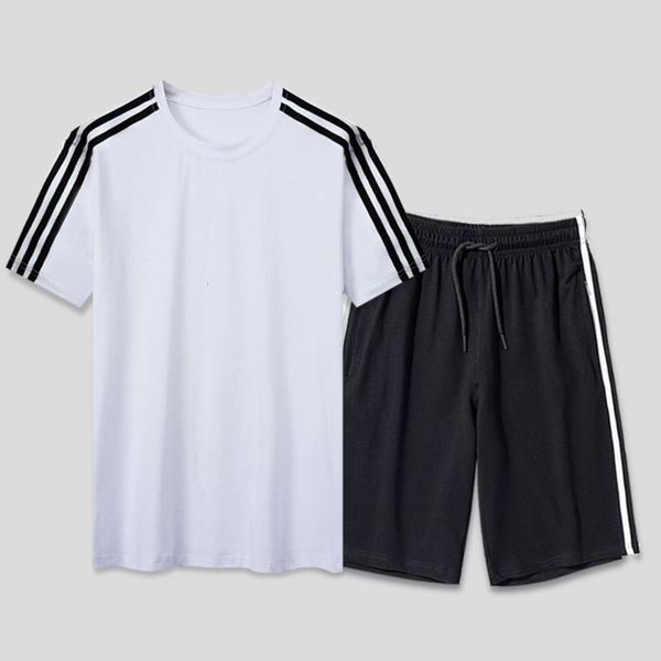 

sports summer men's shorts short sleeve casual versatile three bar cotton solid color suit, Gray